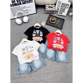 Sét Ong Kis phông tay cộc in hoạt hình kèm quần jane bò mền cho bé gái 13-32kg