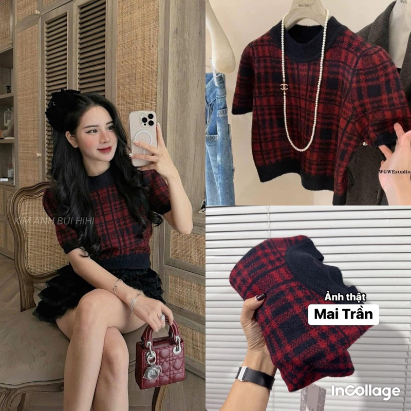 Áo len nữ croptop kẻ đỏ chuẩn WGWE ❤️ Kèm ảnh thật ❤️