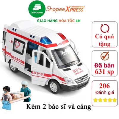 Đồ chơi xe cứu thương KAVY có nhạc và đèn bằng hơp kim hiệu Mercedes Benz tặng 2 bác sĩ và cáng