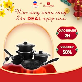 BỘ NỒI CHẢO 9 MÓN AMERCOOK - Chống dính - Đáy cảm ứng - Tay cầm cách nhiệt - Hàng chính hãng