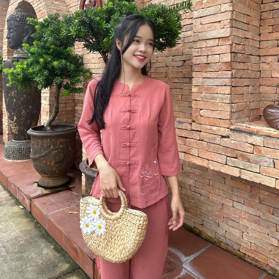 BÀ LAI CỔ KHOÁ NỮ ĐŨI THÊU HOA Trang phục truyền thống, Đồ bộ mặc nhà, Quần Áo Phật Tử, Đồ Lam Đi Ch