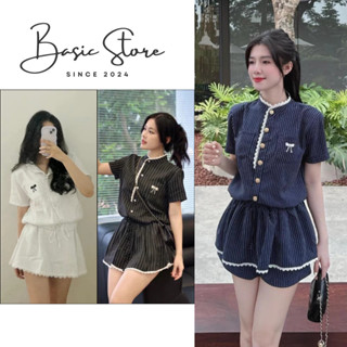 Set Váy Nữ Jumpsuit Kẻ Cổ Tàu Phối Ren Thêu Nơ Đệm Vai, Bộ Váy Nữ Tiểu Thư Thời Trang Basic Store