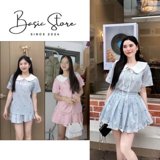 Set Váy Nữ Cổ Sen Kẻ Sọc In Nơ Tiểu Thư Cá Tính, Bộ Đồ Nữ Áo Cộc Tay Kèm Chân Váy Xếp Ly Thời Trang Basic Store [137]