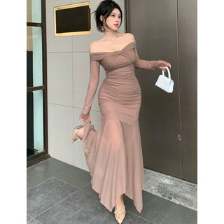 Đầm Trễ Vai Xoắn ngực đuôi cá dài Slimfit