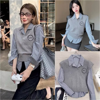  Set áo sơ mi kẻ kèm áo ghile xám thêu logo phong cách hàn quốc 