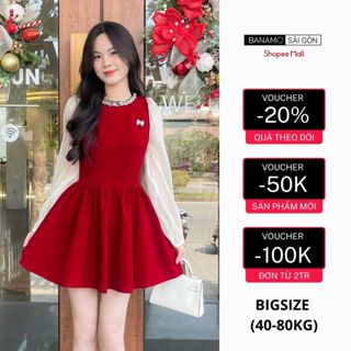  Váy nhung nữ Banamo Sài Gòn váy nhung dáng xoè tiểu thư phối tay tơ cổ đính đá ngực gắn nơ siêu xinh 5010 