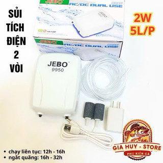  Tặng phụ kiện  Máy Sủi Khí Oxy Tích Điện 2 Vòi Jebo 9950  2W - 2x2.5Lít Phút  - Máy Oxi Cho Hồ Cá 