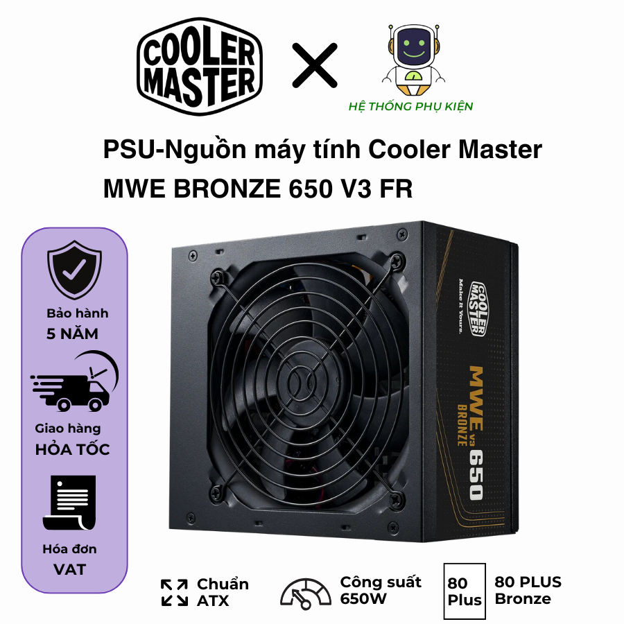 Nguồn Máy Tính Cooler Master MWE Bronze 650W V3 230V, ATX 3.1, Chuẩn 80 Plus Bronze | Bảo Hành 5 Năm