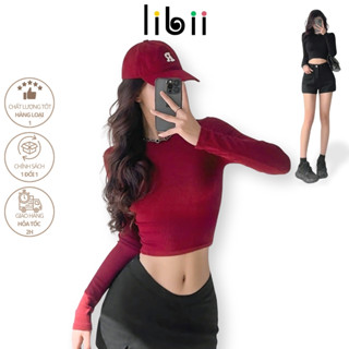 Áo croptop tay dài cổ tròn LIBII thiết kế ôm body tôn dáng trắng đen xám chất vải dày dặn LBTD25