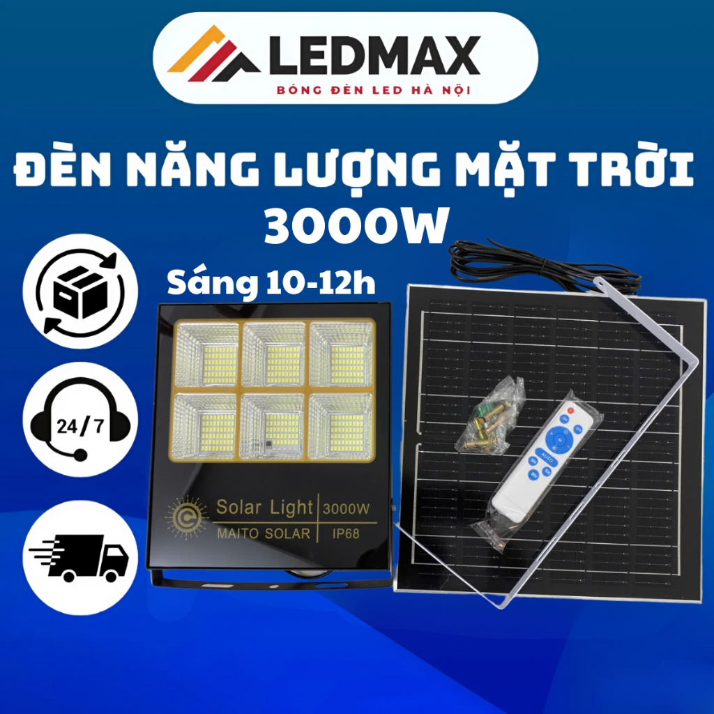 Đèn năng lượng mặt trời 3000w tiết kiệm điện, siêu sáng 6 ô vỏ nhôm sáng 10 - 12 tiếng