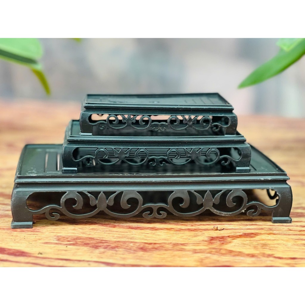 Kệ chữ nhật nhựa giả gỗ kê chậu cây, đế đỡ bình thủy tinh, Kệ đỡ đặt lọ hoa sơn đen, chất sơn bóng s