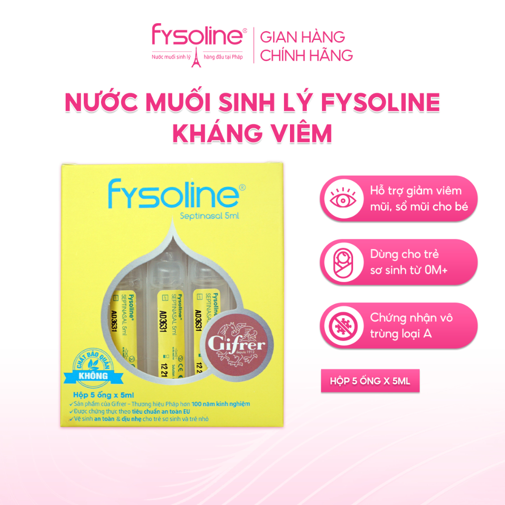 [Quà tặng - Date T10.2026] Nước Muối Sinh Lý Fysoline hỗ trợ kháng khuẩn, viêm mũi, sổ mũi - Hộp 5 Ống x 5ml