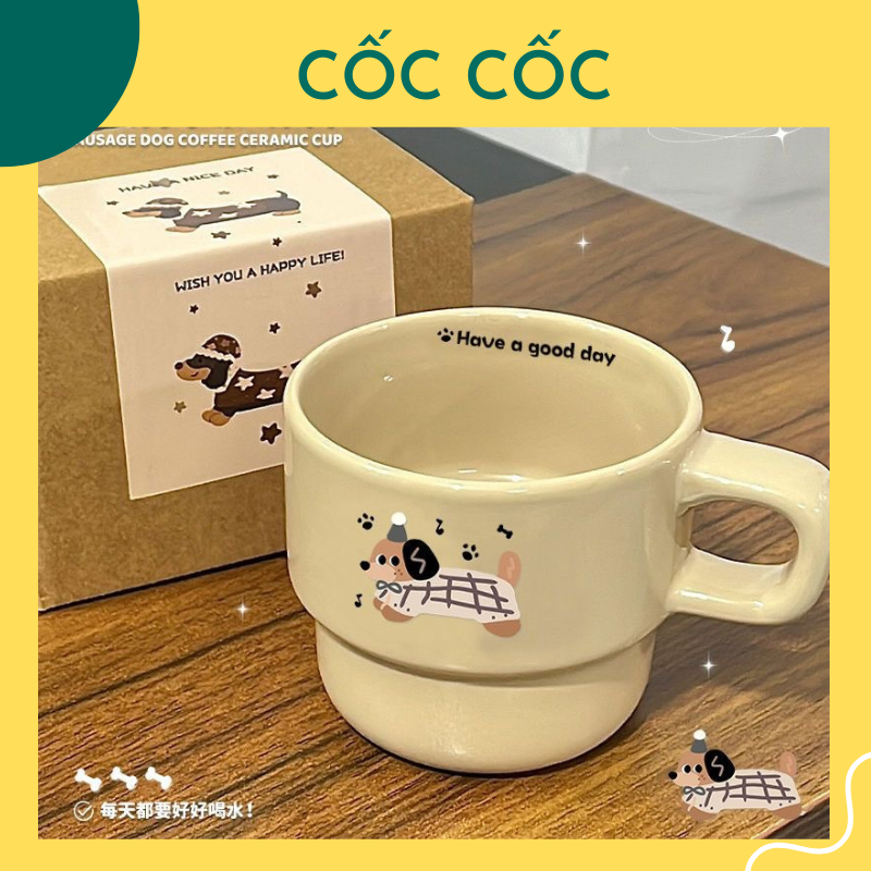 [ TẶNG HỘP QUÀ, THIỆP] Cốc sứ Cún Happy hoạt hình dễ thương, Have a Good Day quà tặng, Cốc Cốc