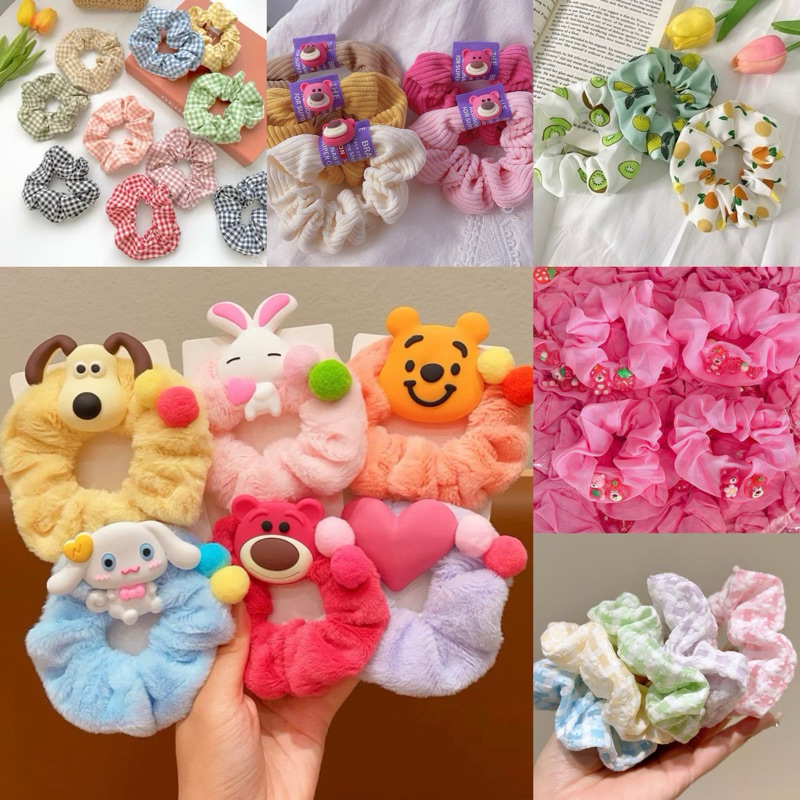 Combo 2 Cái Scrunchies Buộc Tóc Vải Hình Gấu Dâu, Họa Tiết, Scrunchies Lông, Scrunchies Lụa