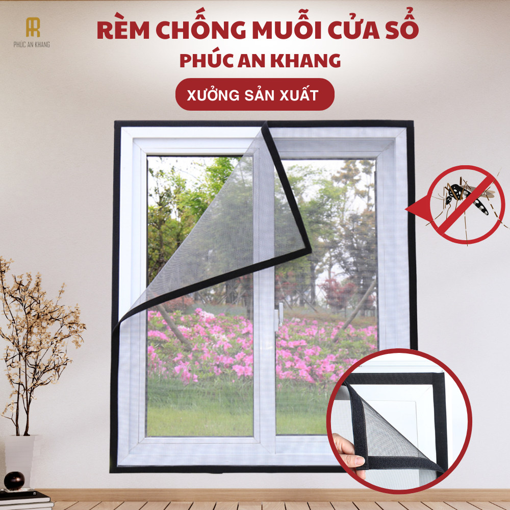 Rèm Chống Muỗi Cửa Sổ 120x150cm Màu Xám - Dán Tường Chất Liệu Polyester Chống Cháy - Phúc An Khang