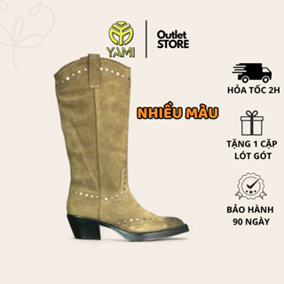 Bốt Ống Nữ Cổ Cao, Giày Boot Cao Bồi Hàng Hiệu Mũi Nhọn Gót 7cm Phối Đinh Tán Có Big Size, Giày Xuất Xịn YAMI