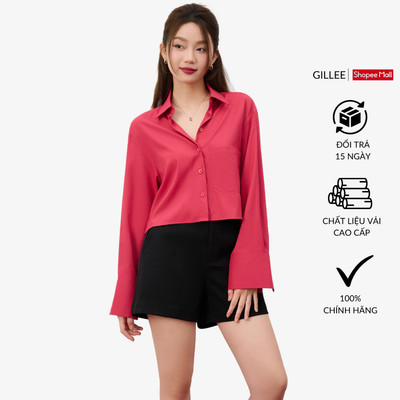 Áo Sơ Mi Croptop Nữ Tay Dài GILLEE Form Rộng Có Túi Chất Kate Lụa Hồng Đỏ FAS358