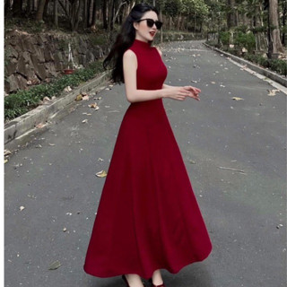  D190  KÈM TAG NƠ  Đầm body Cổ lọ ba lỗ form suông dài đơn giản tôn dáng 