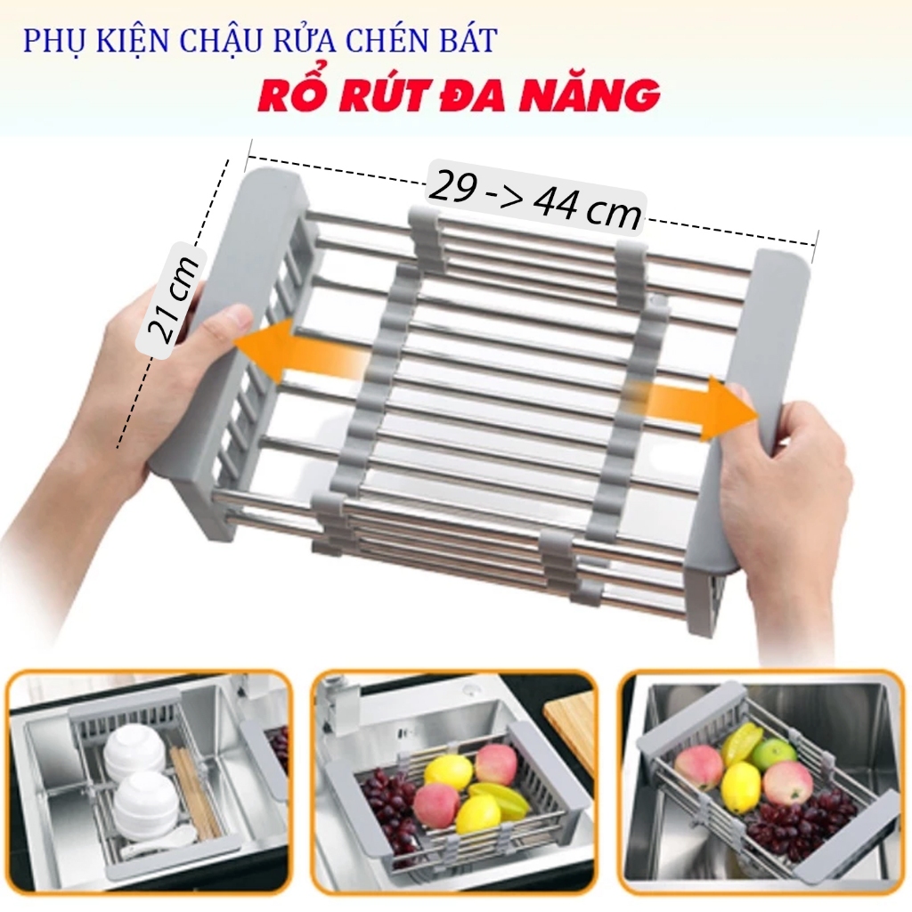 Rổ Rút Inox Đa Năng Gác Chậu Rửa Chén, Rửa Hoa Quả - 2 màu xám và đen ngẫu nhiên