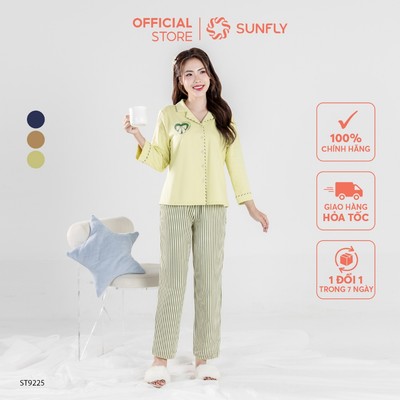Bộ pijamas nữ cotton áo tay lỡ quần dài kate kẻ ST9225