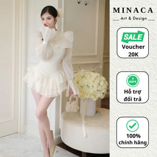Váy thiết kế cổ tròn MINACA tay bồng đính nơ Đầm dự tiệc xếp tầng xinh xắn, thời trang Tết V292