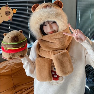 Mũ lông cừu Capybara dễ thương mềm mịn cao cấp mũ len kèm khăn quàng cổ và găng tay 3 trong 1 Thời trang thu đông