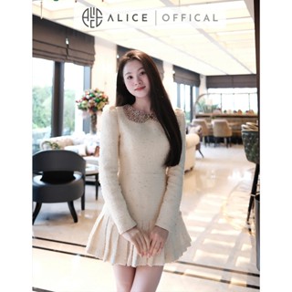  Váy Dạ Tweet Cao Cấp Nữ Alice Áo Dài Tay Cổ Sen Đính Đá Và Nơ Nổi Dáng Váy Xếp Ly Ngắn Xòe Nhẹ V1292 