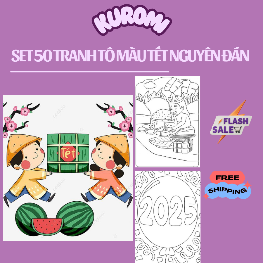 Set 50 tranh tô màu chủ đề Tết Nguyên Đán cho bé trai,bé gái trang trí tết 2026