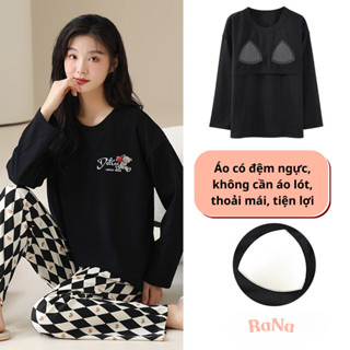 Quần áo mặc nhà có lót đệm ngực  đồ bộ mặc nhà mặc ngủ dài tay vải cotton mềm mịn, thoải mái, thấm hút mồ hôi tốt RaNa