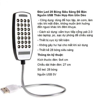 Đèn LED 28 bóng cổng USB, thân đèn xoay 360 độ,điều chỉnh theo ý, đầu cắm USB, ánh sáng rõ, 28 bóng đèn led siêu sáng