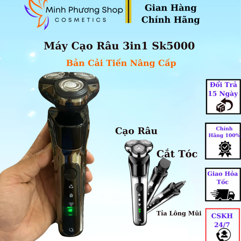 Máy Cạo Râu Sk5000, Máy Cạo Râu Đa Năng 3in1, Phiên Bản Nâng Cấp Cải Tiến Bộ Lưỡi Tự Động Mài Sắc