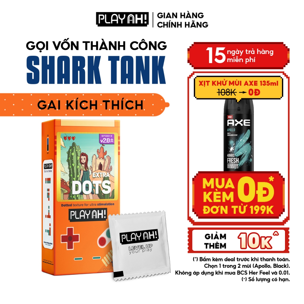 Bao Cao Su PlayAh Extra Dots Thêm Gai Hộp 10 52mm nhiều gai, nhiều gel tăng cực khoái