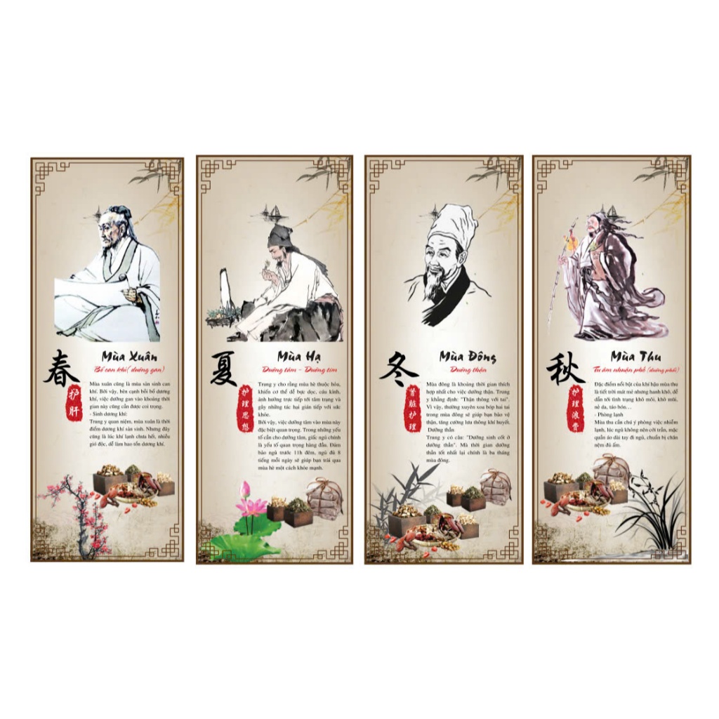 02 - BỘ 4 TRANH FOMEX ĐÔNG Y XUÂN HẠ THU ĐÔNG, THẨM MỸ VIỆN, TIỆM TÓC, GỘI ĐẦU DƯỠNG SINH GIÁ RẺ