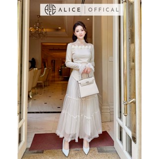 Set Váy Nữ Thanh Lịch Alice, Áo Len Mềm Phối Lưới Đính Hoa Nổi Kèm Chân Váy Lưới Maxi 3 Lớp A811 + CV790 Phù Hợp Đi Tiệc