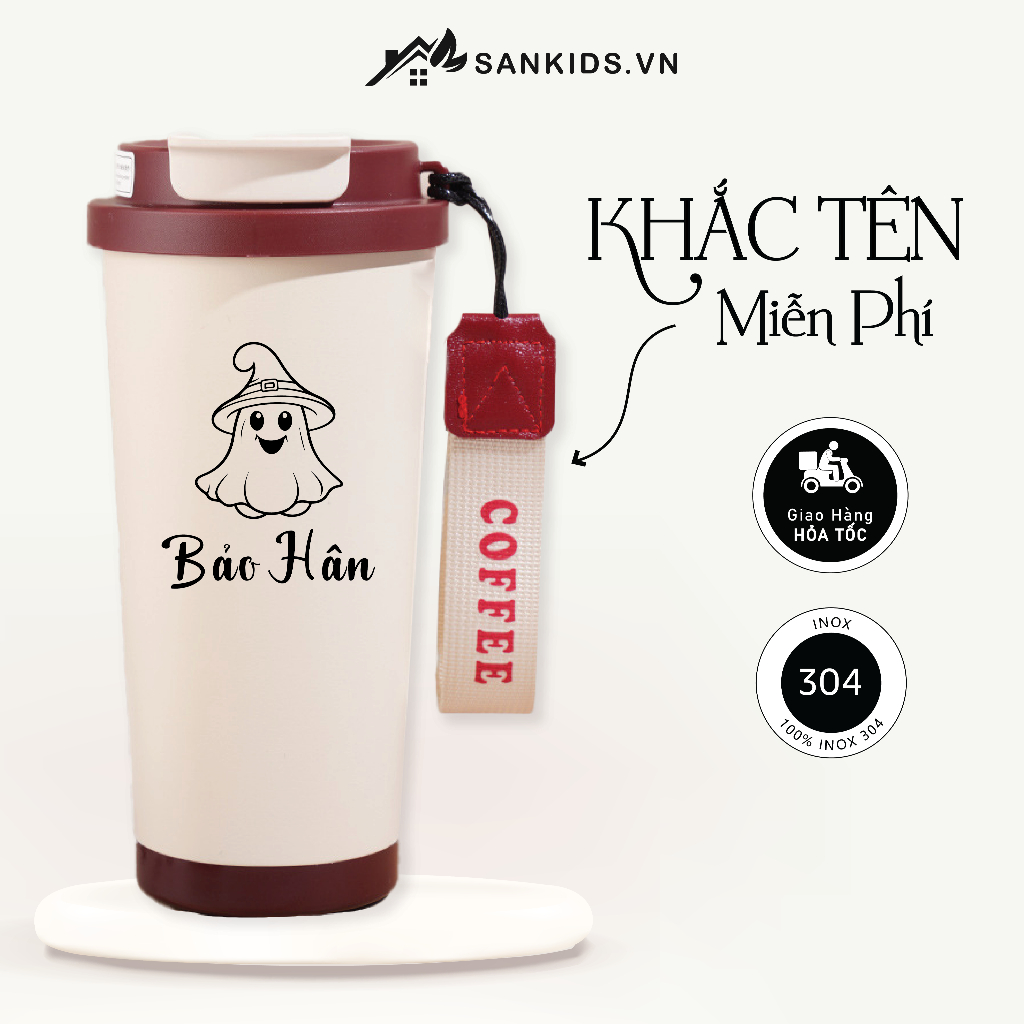 [Miễn Phí Khắc Tên] Cốc giữ nhiệt CHOUCHOU CHAOBEI Trơn 500ml có quai xách, tích hợp 2 cách uống