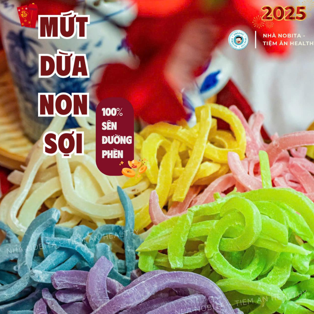 [Loại 1] Mứt Thái Sợi Dừa Non Ít Ngọt Đường Phèn Nhà Nobita Healthy l Cơm Dày l Màu Rau Củ Tự Nhiên