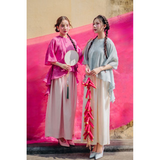  Petbychang - Áo tơ hoa bèo nhún ruffle và chân váy tơ dáng dài   Có bán tách riêng từng sản phẩm   