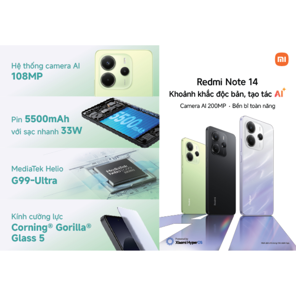 Điện thoại thông minh Redmi Note 14 (6+128GB) | Camera AI 108MP | MediaTek Helio G99-Ultra | Pin 5500mAh | BigBuy360 - bigbuy360.vn