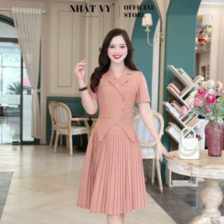  Đầm vest công sở Nhật Vy tà cách điệu đắp túi xếp ly chất lụa sọc gân phù hợp dạo phố -  D3082 