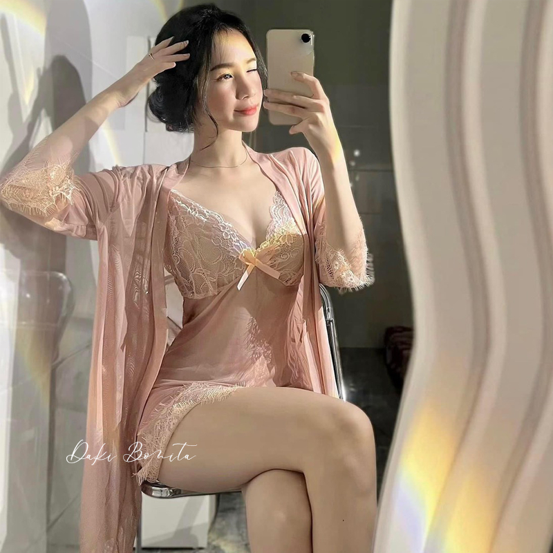 Set đồ ngủ nữ sexy DN08 kiểu đầm 2 dây xuyên thấu gồm váy và áo choàng kèm quần lót gợi cảm | BigBuy360 - bigbuy360.vn