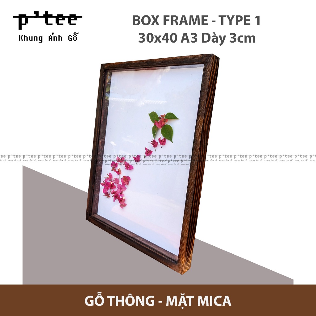 Khung ảnh gỗ A3 30x40 Box-1 - Khung Hình Hộp Gỗ Thông Mặt Kính Handmade Treo - Wood Frame by P'Tee