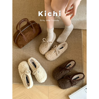 Giày lông cừu KICHI giày nơ sục lông xù phong cách Hàn Quốc giày nữ mùa đông dễ thương giày len lông cừu ấm áp sẵn 2511