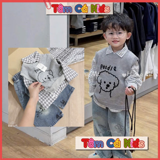   3 chi tiết  Set áo sơ mi quần jean rách kèm gile vải nỉ cho bé trai mặc đi học đi chơi k18 