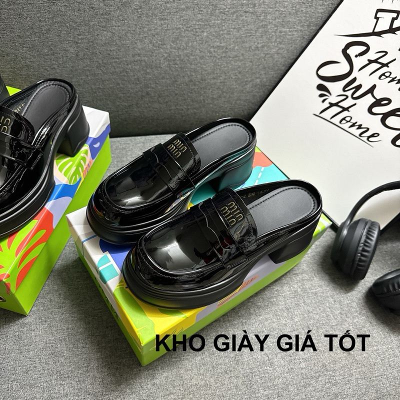  Giày sục miu da thật bóng siêu nhẹ 7cm mũi tròn gót vuông Sục da mềm quảng châu cao cấp mới nhất 