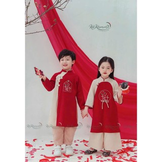 Áo dài set anh em cặp đôi chất nhung tăm chữ Tết màu đỏ