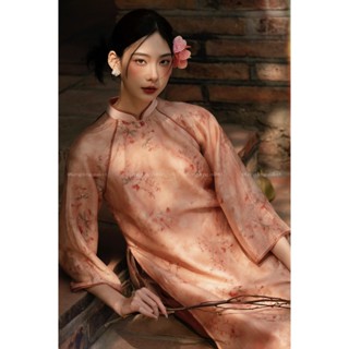 Áo Dài Đỗ Quyên - Lengdeng.Collect | Áo dài dáng suông cách tân tà kép cam đào phối hoa Lèng Dèng