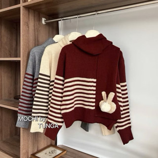 Áo len kẻ tay dài cổ tròn kèm khăn thỏ,áo form rông hàng qc cực xinh A496