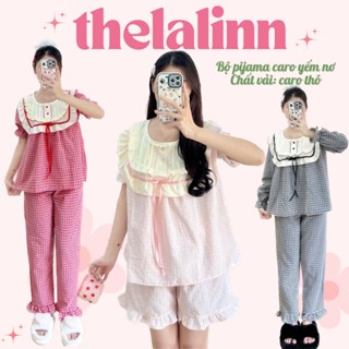 Set pijama kẻ caro yếm kem nơ ruy băng nhiều màu xinh xắn. Bộ ngủ nữ caro dễ thương
