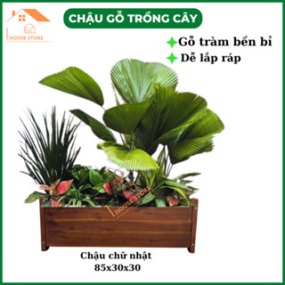 Chậu gỗ trồng cây mẫu mới, trồng hoa ban công cỡ lớn hình chữ nhật d85xr30xc30cm -  Chậu gỗ tràm tự nhiên bền, chịu nước