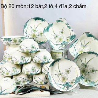  Bộ bát đĩa  chén đĩa đẹp sét 20 chi  tiết gốm sứ bát tràng cao cấp văn hoạ tiết hoa thuỷ tiên 